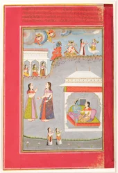 Labdhapraudha Nayika: Liebende in einem Pavillon, Kama, Brahma und Sarasvati oben, 1750